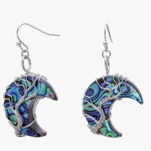 Abalone Crescent Moon Dangle Earrings with Sterling Silver Tree Wire Wrap
